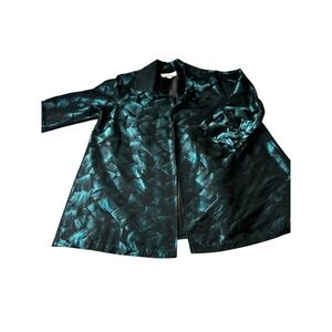 Caroline Rose Teal Black Jacquard Evening Jacket Metallic Open Front XL USA